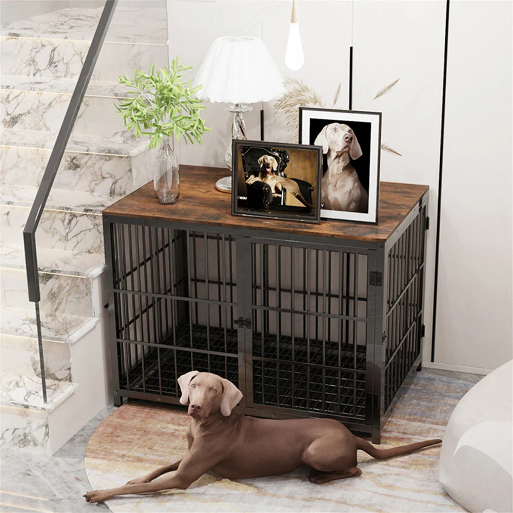 BORWAR Elevated Wooden Dog Crate End Table With Lattice Doors