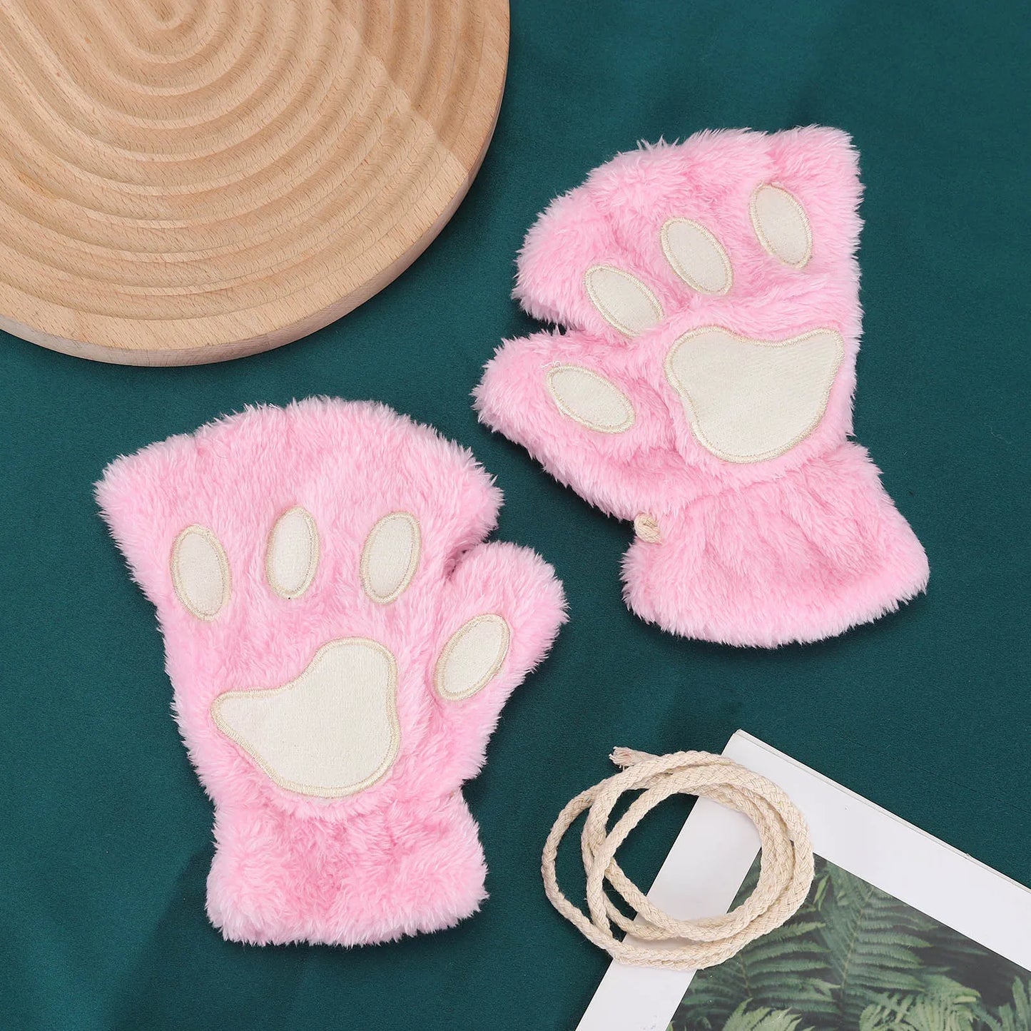 Plush Cat Claw Paw Gloves Fingerless Mittens Warm Cozy Fleece