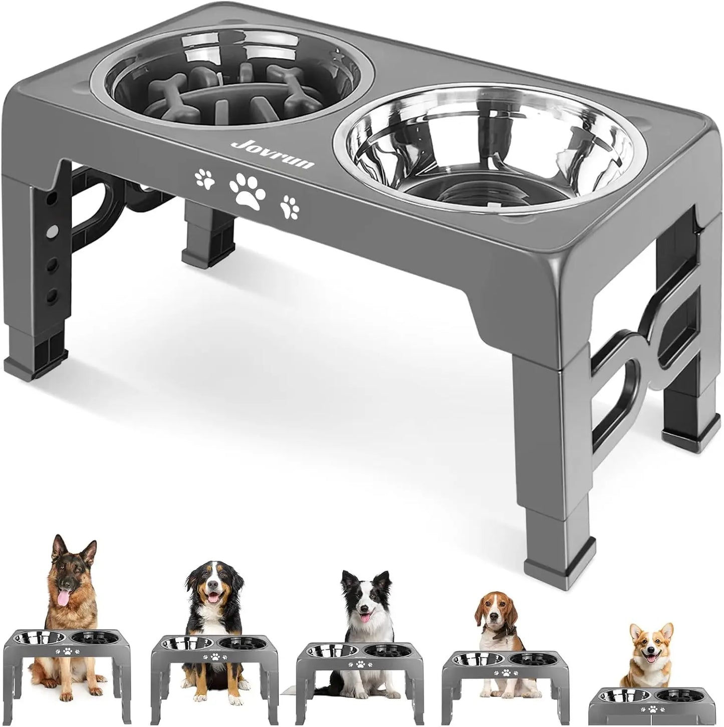 5 Heights Adjustable Elevated Dog Bowls Stainless Steel Slow Feeder