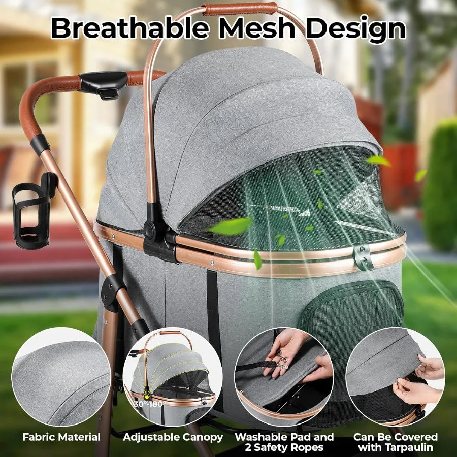 XMSJ Foldable 4 Wheel Pet Stroller With Detachable Carrier 3In1