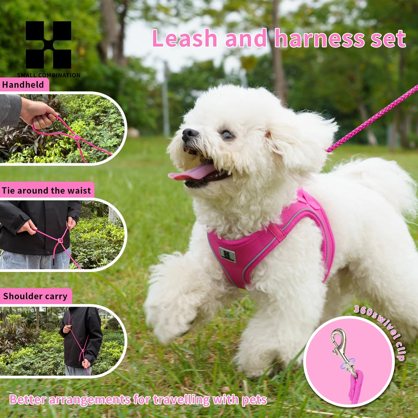 Small Combination Dog Harness Leash Set Reflective Adjustable