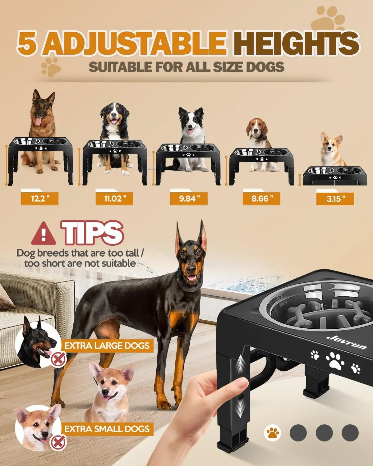 5 Heights Adjustable Elevated Dog Bowls Stainless Steel Slow Feeder