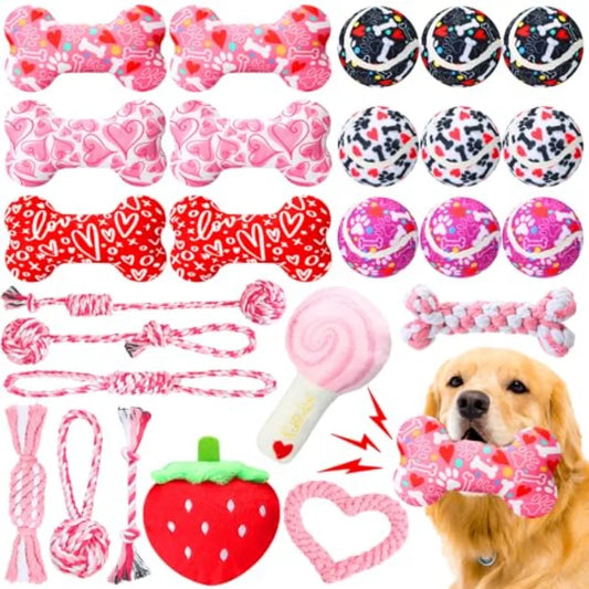 Valentines Dog Toys 25 Piece Set Squeaky Balls Rope Plush