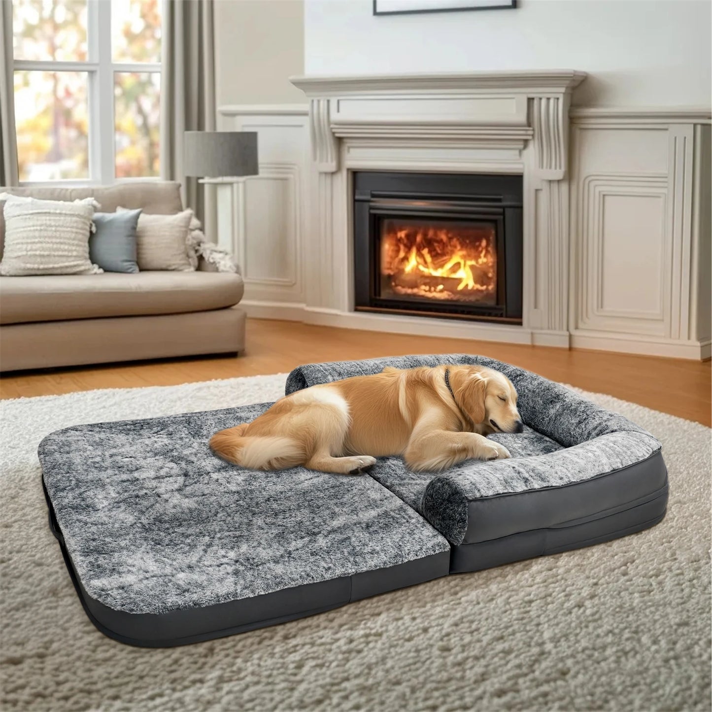 BINGOPAWCN Calming Dog Bed With Plush Cover And Foam Base