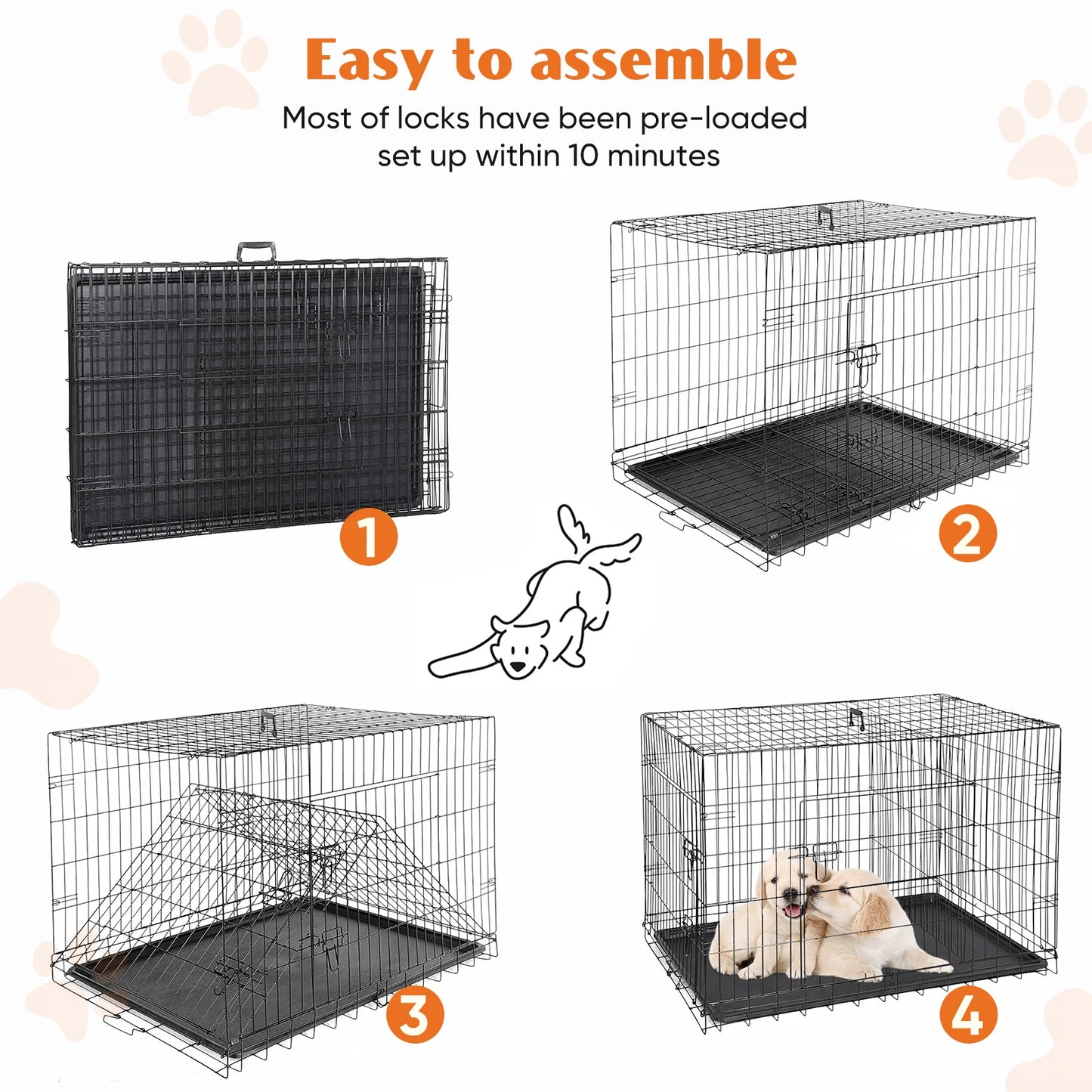 JHK Double Door Folding Dog Cage With Leak Proof Pan