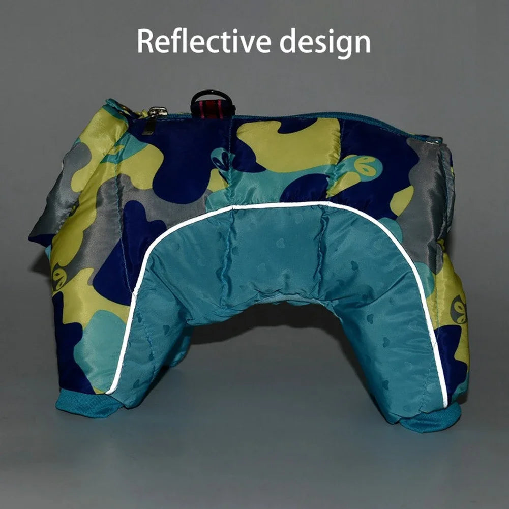 Warm Fleece Dog Coat Snow Jacket Four Leg Puffer Reflective