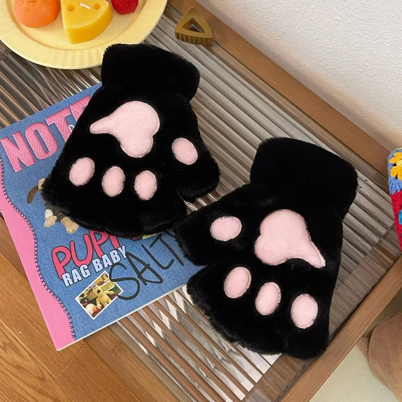 Plush Cat Claw Paw Gloves Fingerless Mittens Warm Cozy Fleece