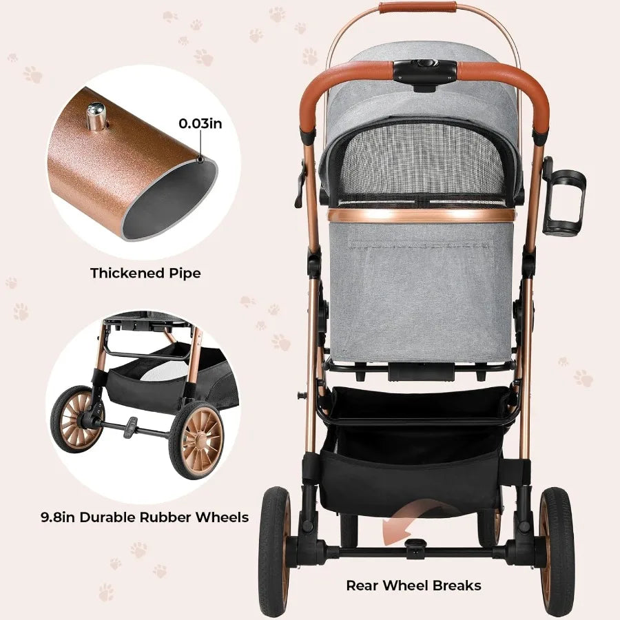 XMSJ Foldable 4 Wheel Pet Stroller With Detachable Carrier 3In1