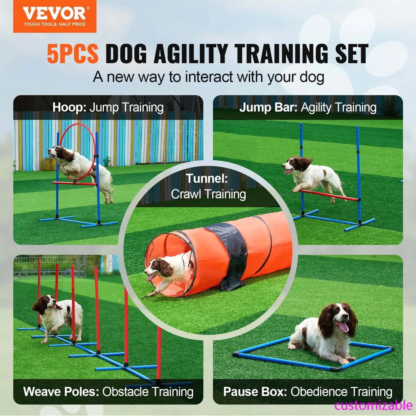 XMSJ Dog Agility Training Equipment 5 Piece Set Hurdles Tunnel