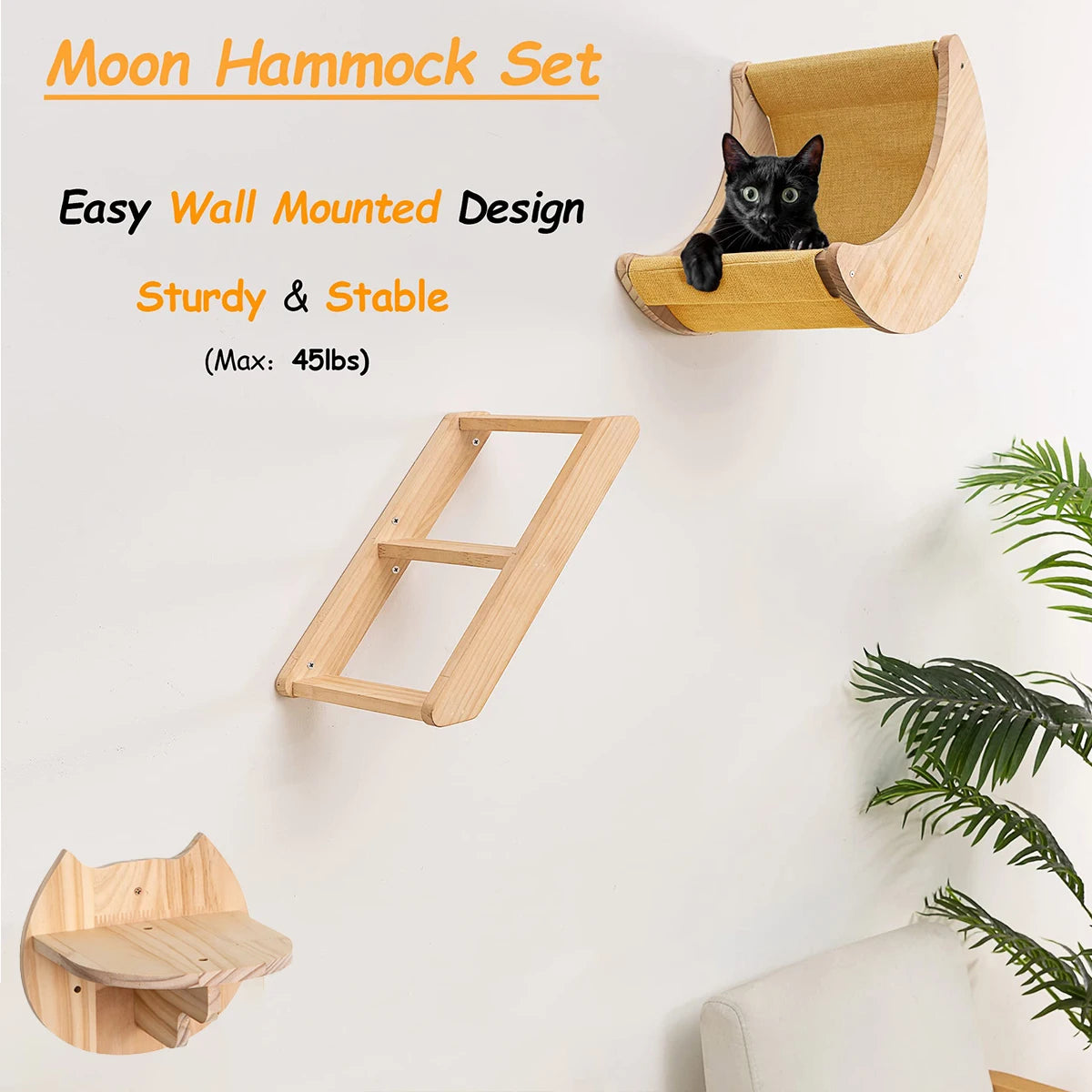 PETRAVELCN Moon Shaped Cat Wall Shelf Hammock Wooden Steps