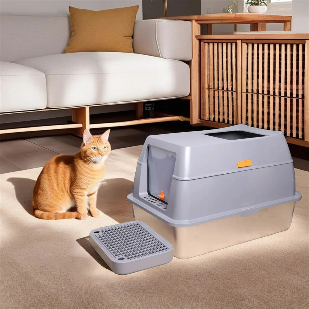 Stainless Steel Cat Litter Tray With Lid For Enclosed Use