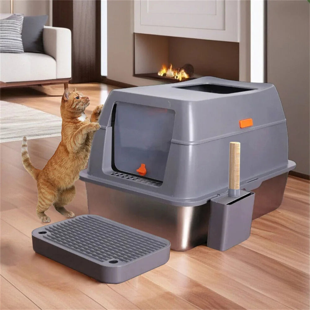 Stainless Steel Cat Litter Tray With Lid For Enclosed Use