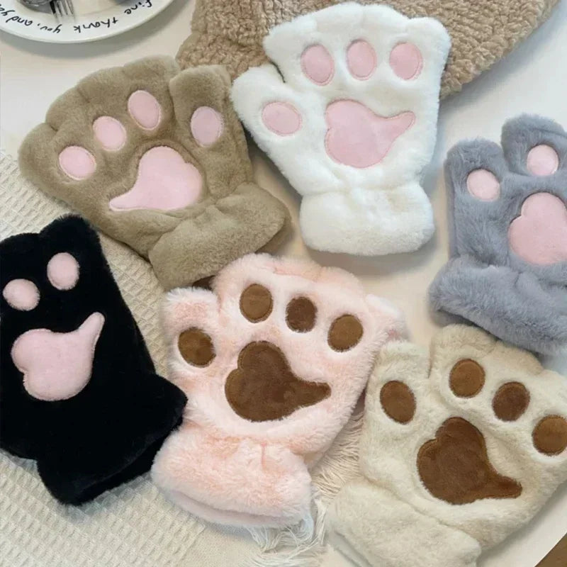 Plush Cat Claw Paw Gloves Fingerless Mittens Warm Cozy Fleece