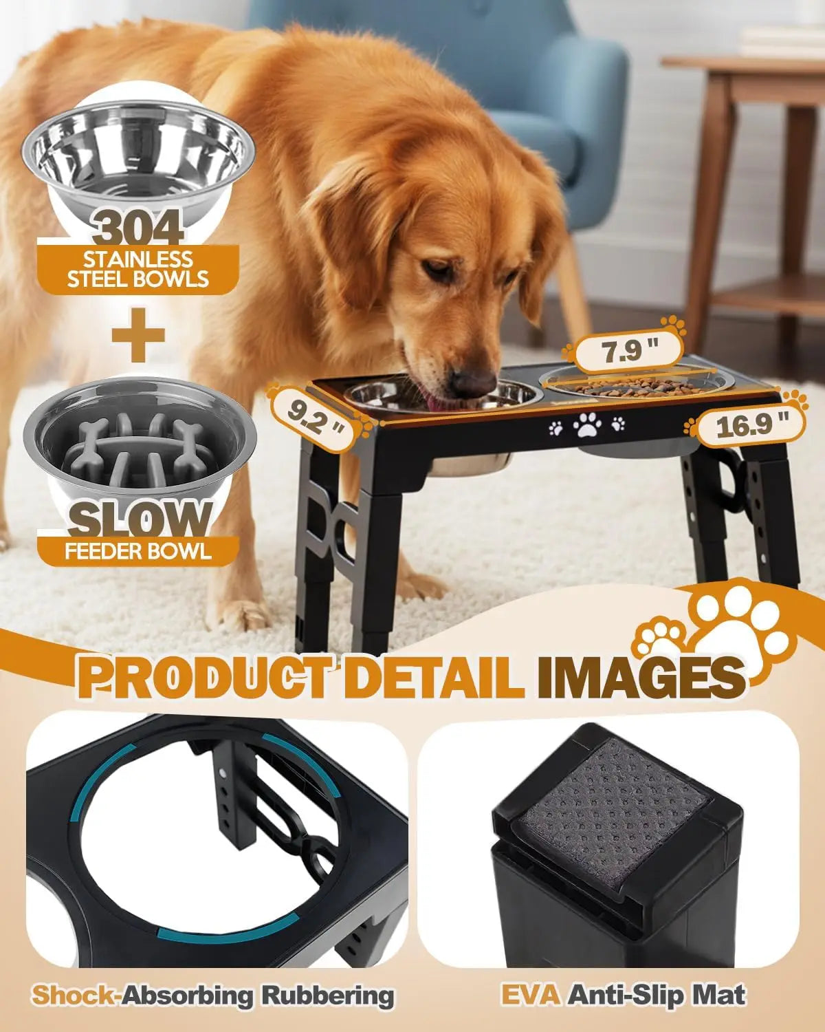 5 Heights Adjustable Elevated Dog Bowls Stainless Steel Slow Feeder