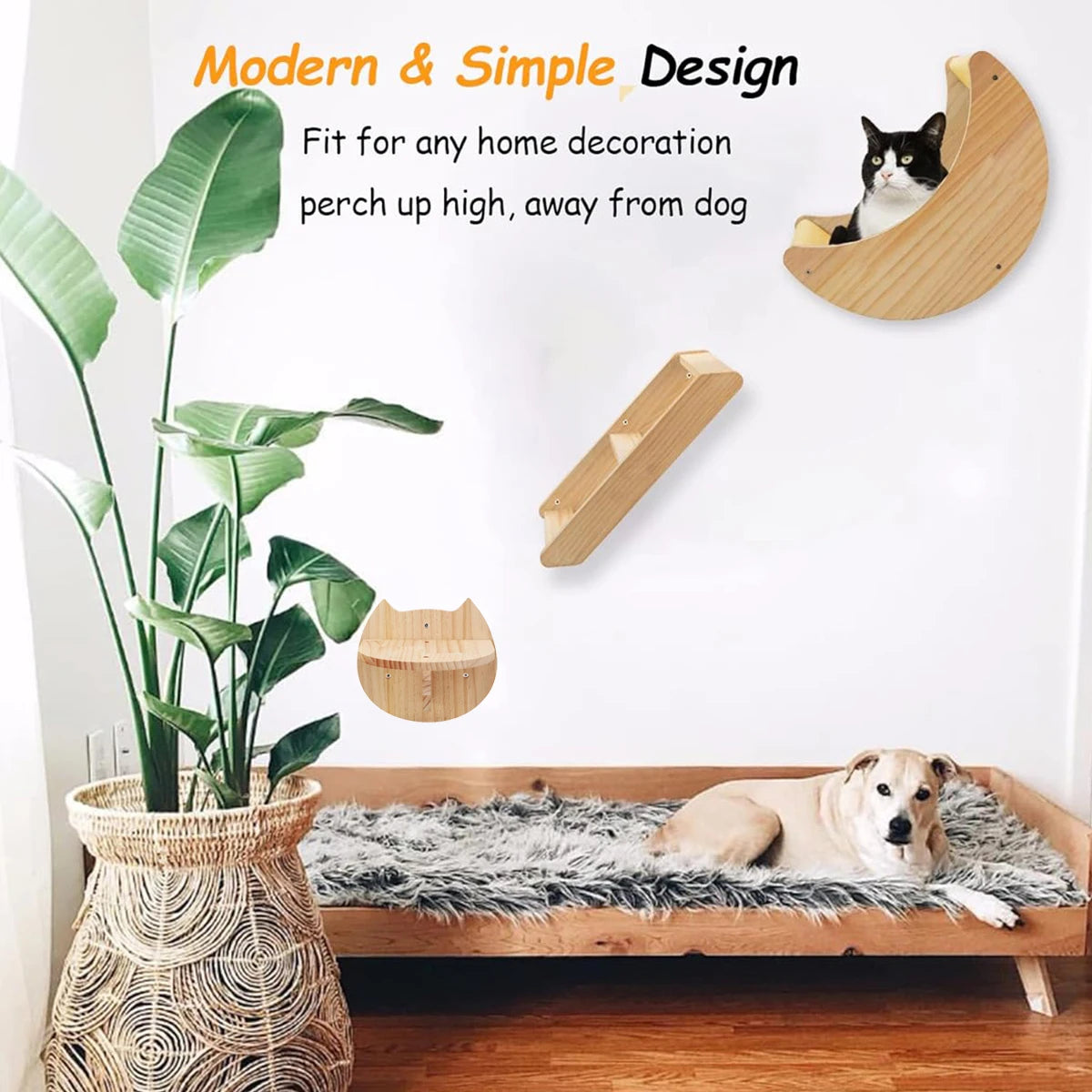 PETRAVELCN Moon Shaped Cat Wall Shelf Hammock Wooden Steps