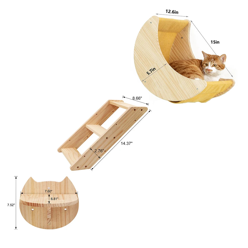 PETRAVELCN Moon Shaped Cat Wall Shelf Hammock Wooden Steps