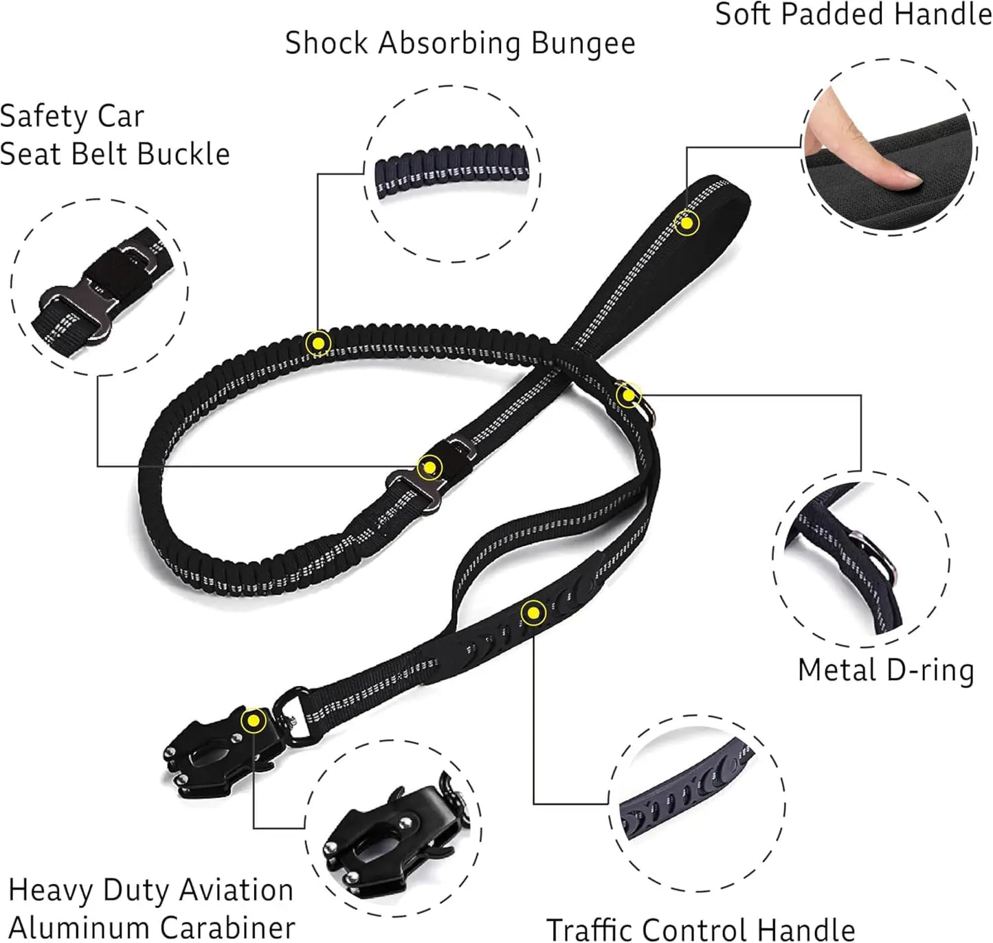 Reflective Shock Absorbing Tactical Dog Leash Car Seatbelt Heavy Duty