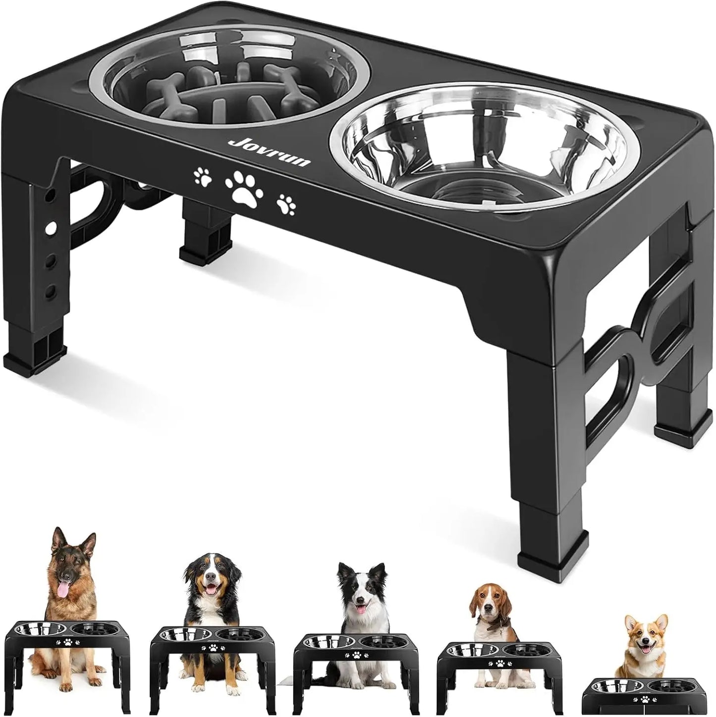 5 Heights Adjustable Elevated Dog Bowls Stainless Steel Slow Feeder