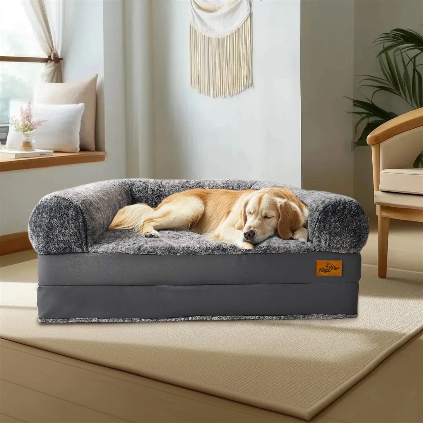 BINGOPAWCN Calming Dog Bed With Plush Cover And Foam Base