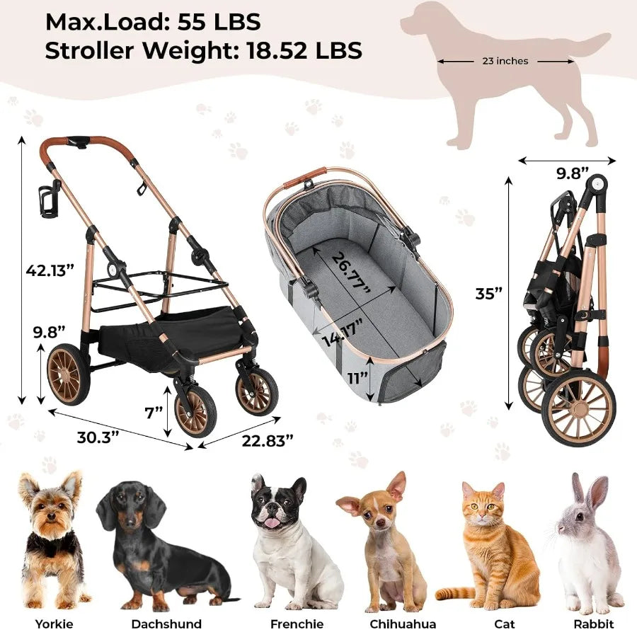 XMSJ Foldable 4 Wheel Pet Stroller With Detachable Carrier 3In1