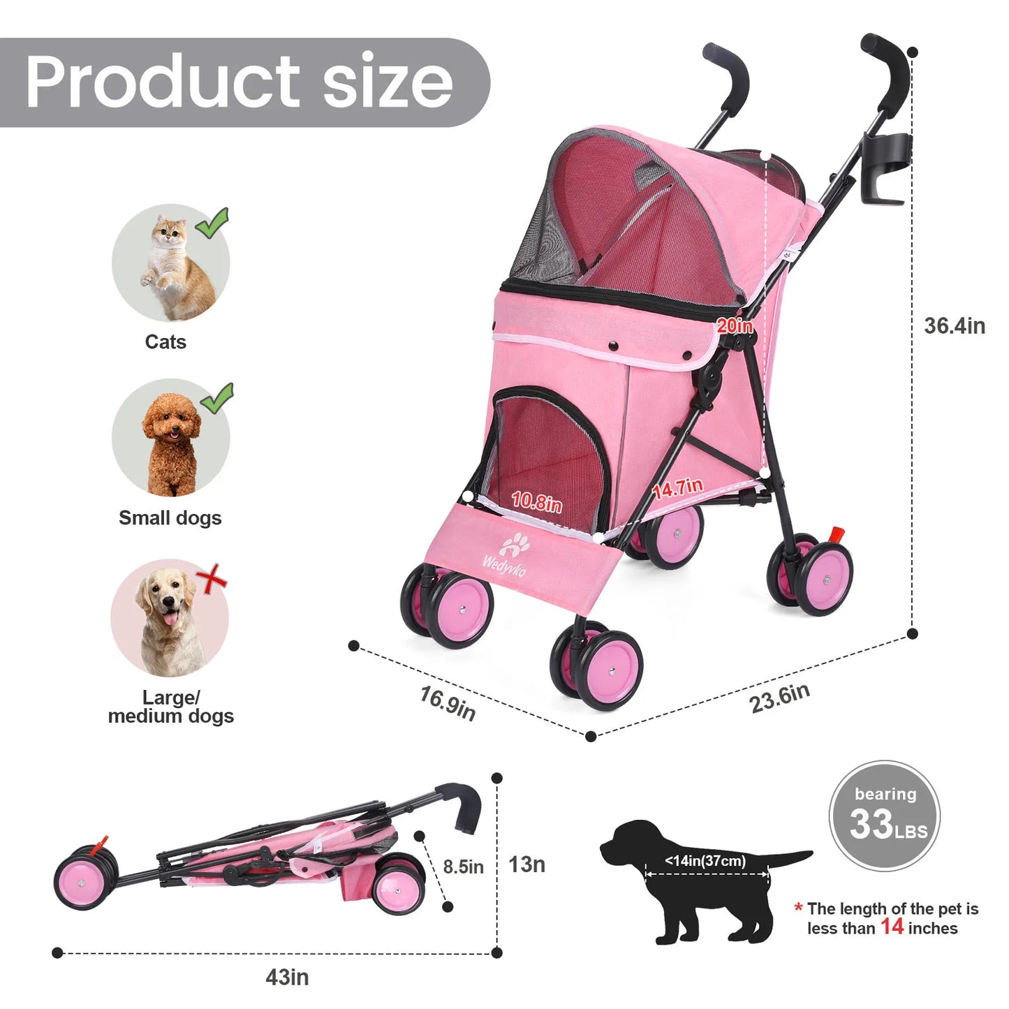 Wedyvko Pet Dog Stroller 4 Wheels With Brakes And Storage