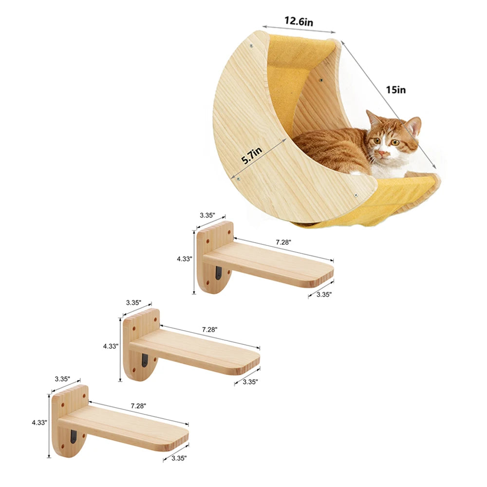 PETRAVELCN Moon Shaped Cat Wall Shelf Hammock Wooden Steps