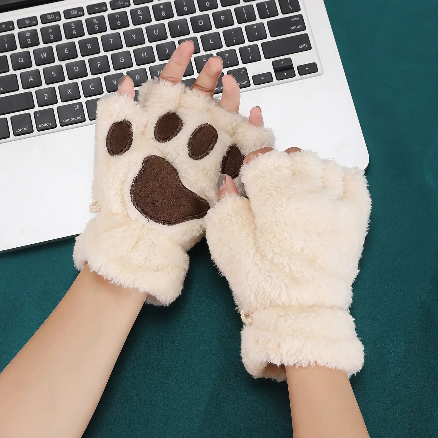 Plush Cat Claw Paw Gloves Fingerless Mittens Warm Cozy Fleece