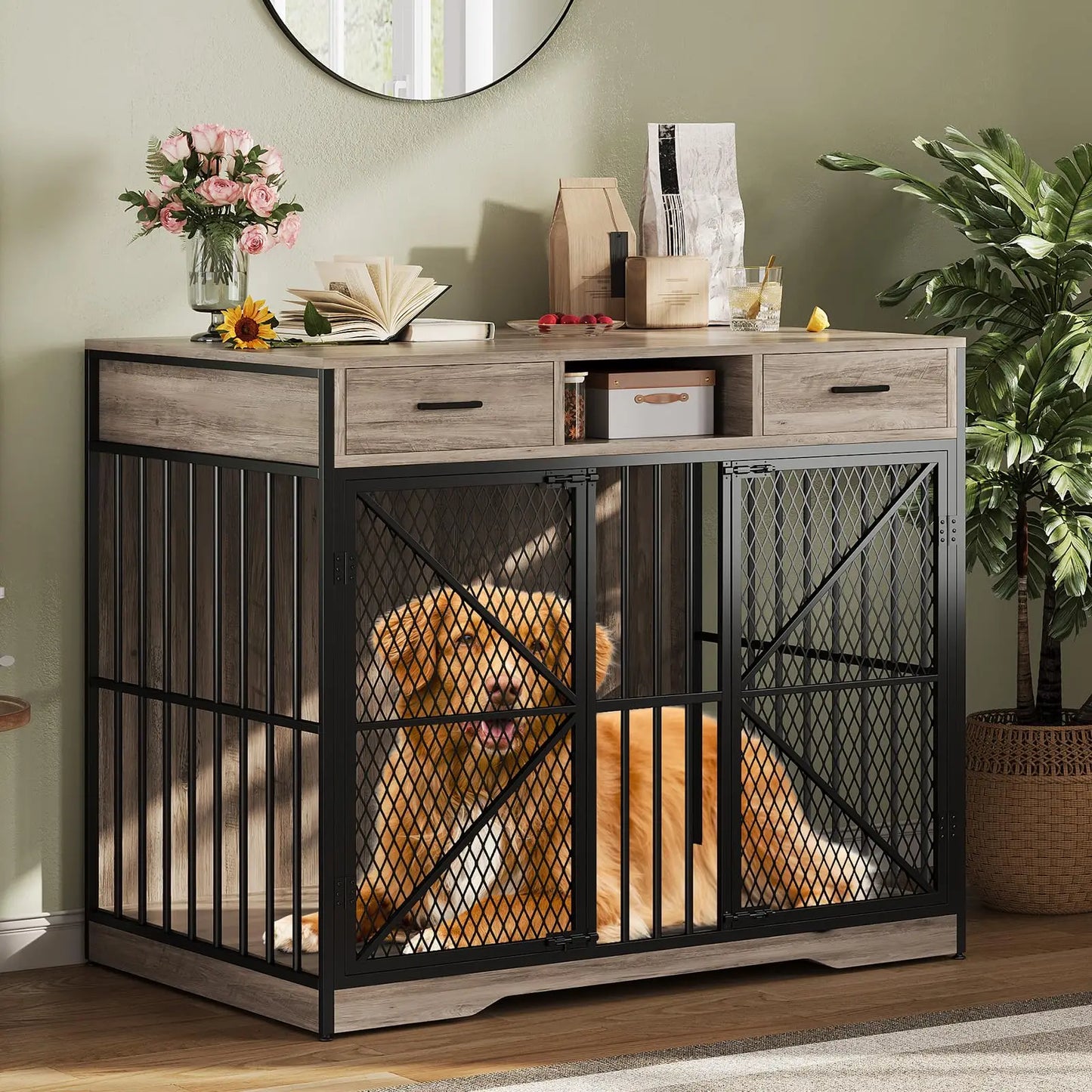 HiMISSDog Dog Crate Furniture End Table With Two Drawers