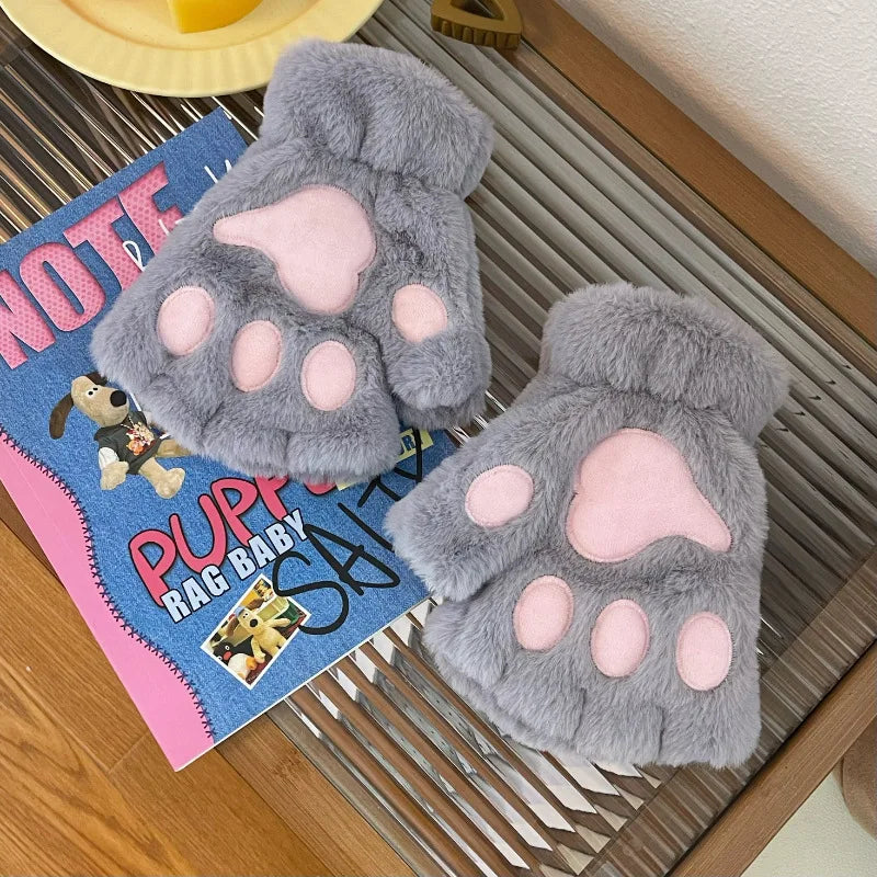 Plush Cat Claw Paw Gloves Fingerless Mittens Warm Cozy Fleece