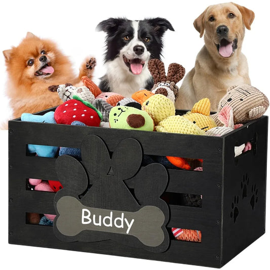 Dog Toy Basket Organizer Wood Bin With Handles and Label