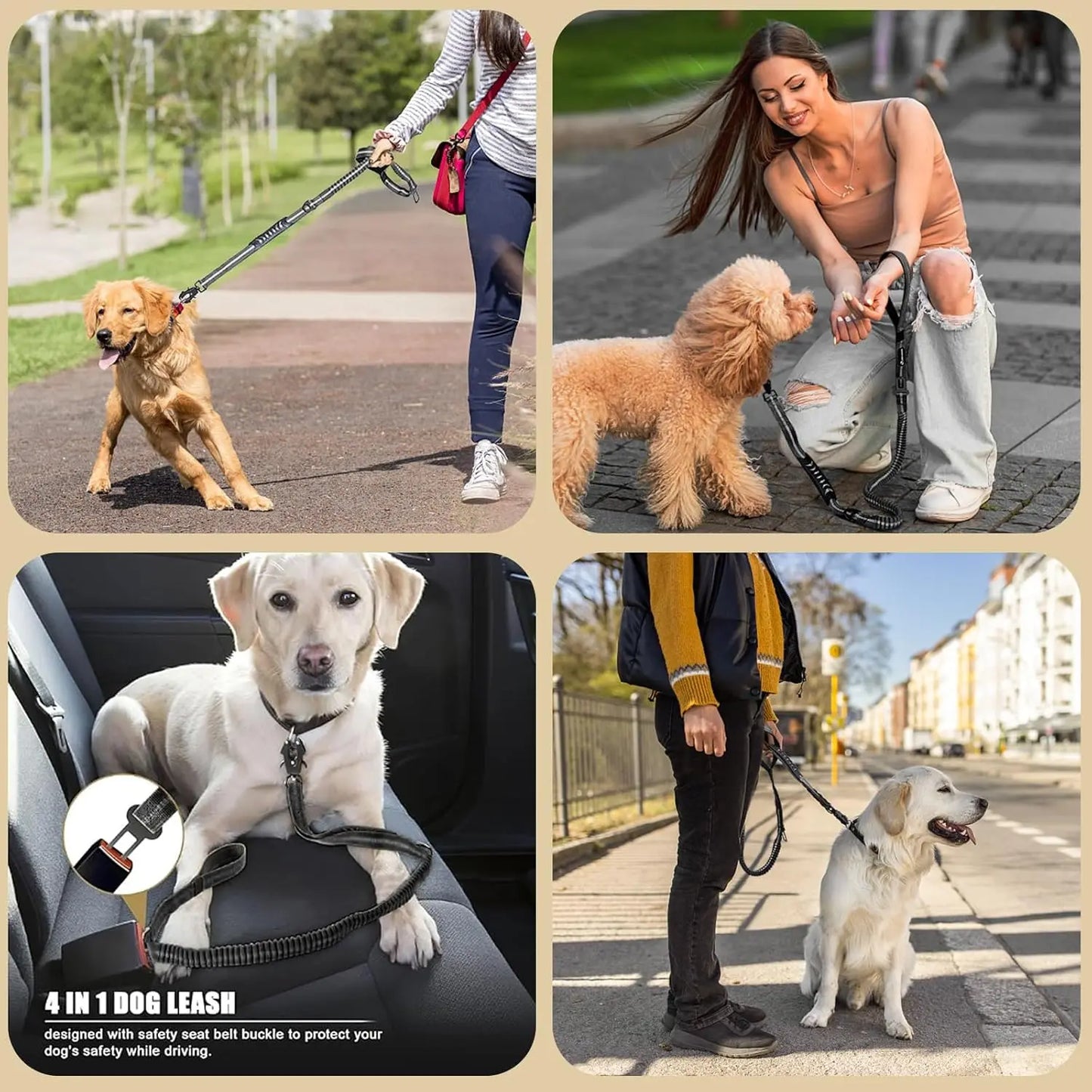 Reflective Shock Absorbing Tactical Dog Leash Car Seatbelt Heavy Duty