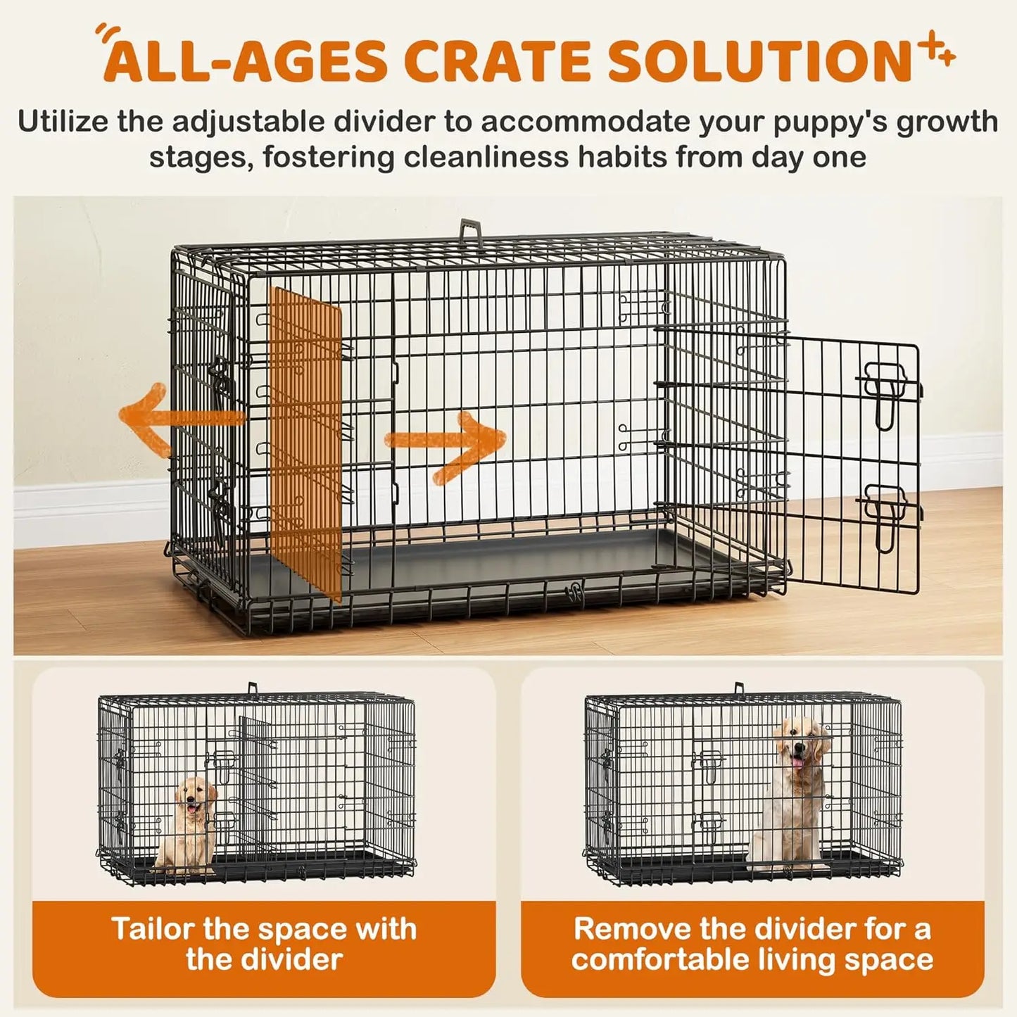 Double Door Collapsible Dog Crate With Divider And Tray