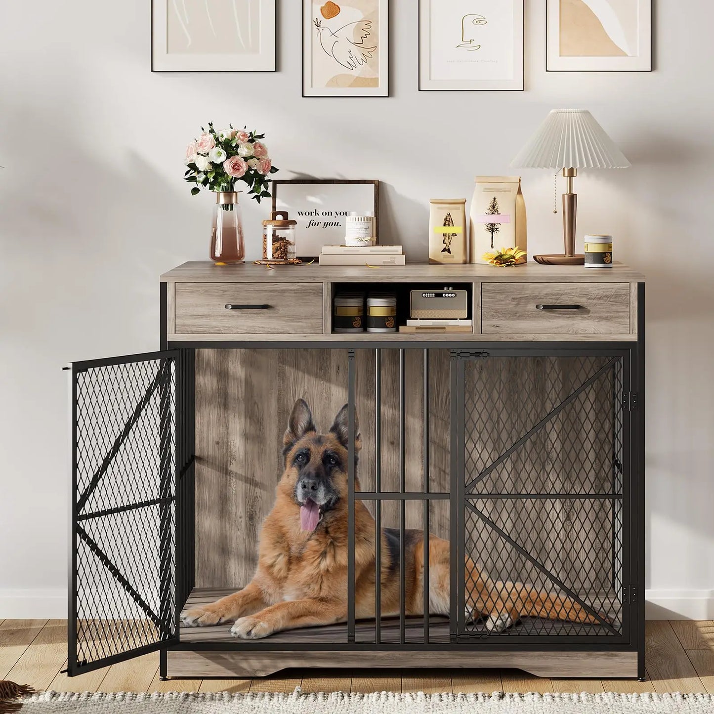 HiMISSDog Dog Crate Furniture End Table With Two Drawers