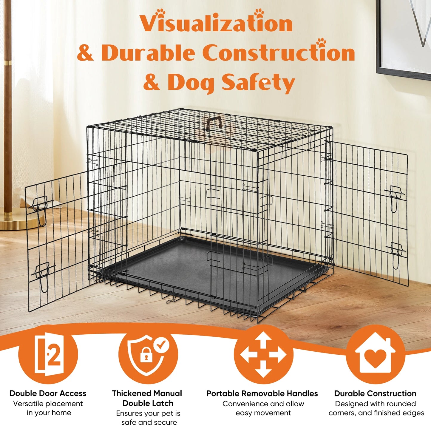 JHK Double Door Folding Dog Cage With Leak Proof Pan
