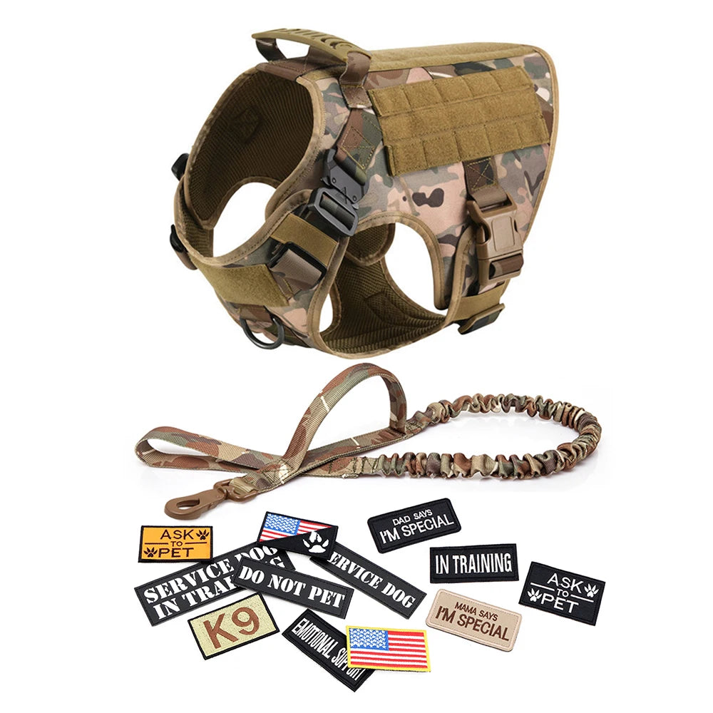 PETRAVELCN Military Large Dog Harness Vest With Leash Patches Set