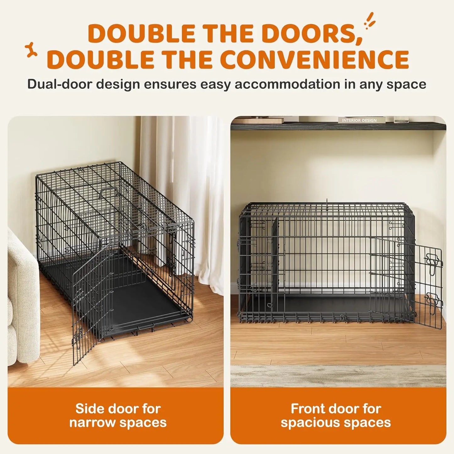 Double Door Collapsible Dog Crate With Divider And Tray
