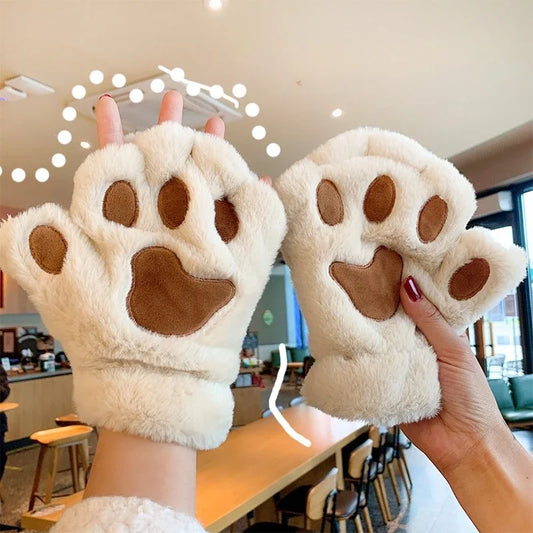 Plush Cat Claw Paw Gloves Fingerless Mittens Warm Cozy Fleece