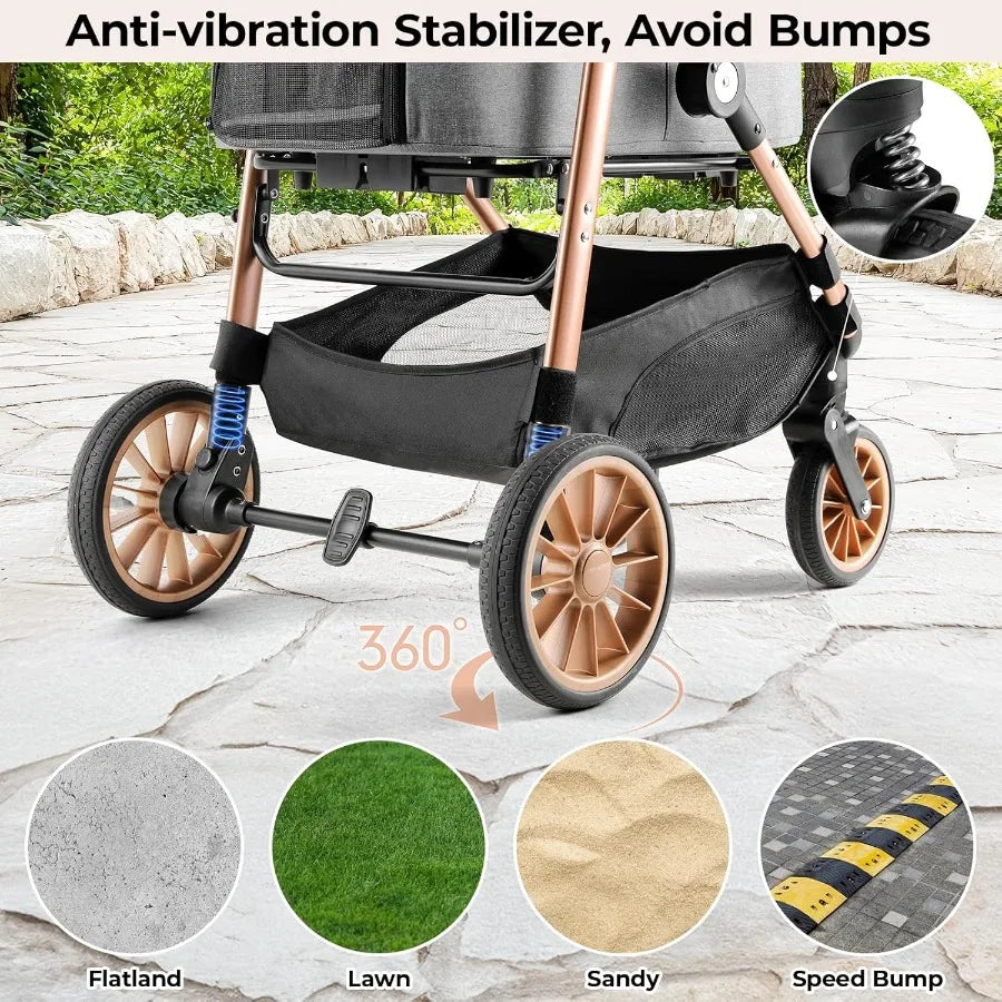 XMSJ Foldable 4 Wheel Pet Stroller With Detachable Carrier 3In1