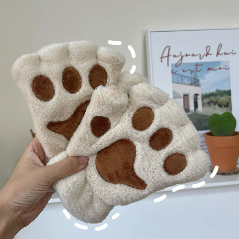 Plush Cat Claw Paw Gloves Fingerless Mittens Warm Cozy Fleece