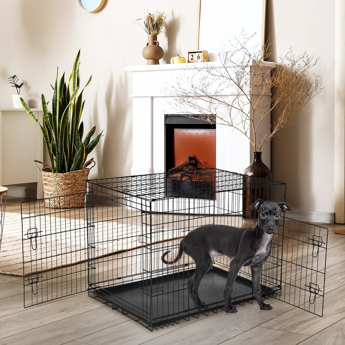 JHK Double Door Folding Dog Cage With Leak Proof Pan