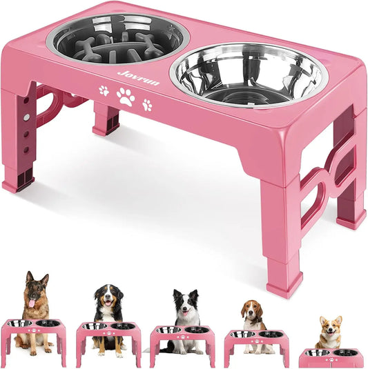 5 Heights Adjustable Elevated Dog Bowls Stainless Steel Slow Feeder
