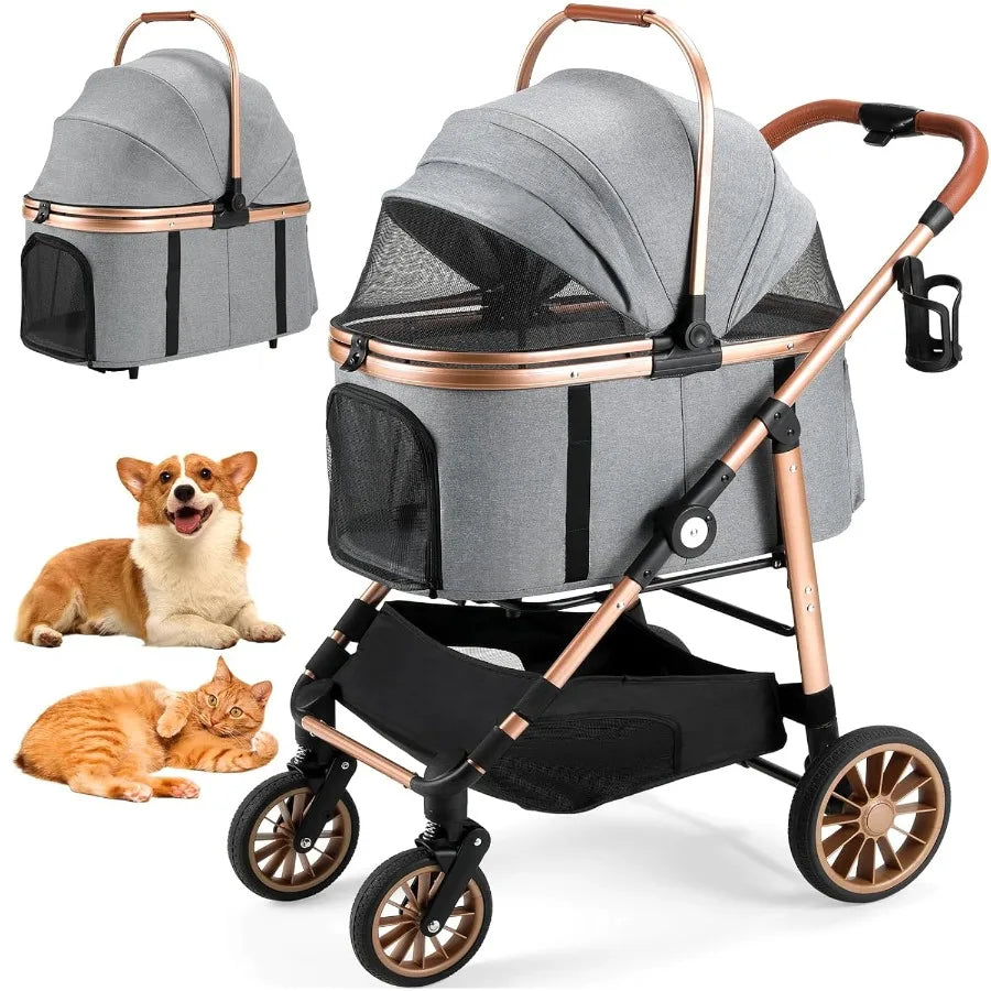 XMSJ Foldable 4 Wheel Pet Stroller With Detachable Carrier 3In1