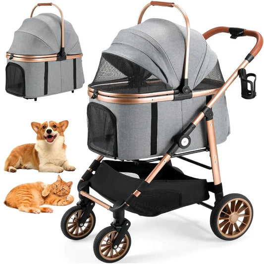 XMSJ Foldable 4 Wheel Pet Stroller With Detachable Carrier 3In1