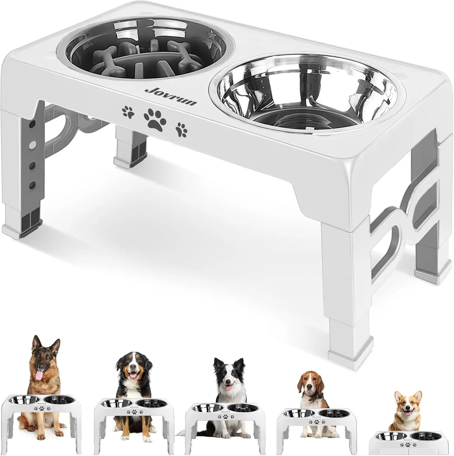 5 Heights Adjustable Elevated Dog Bowls Stainless Steel Slow Feeder