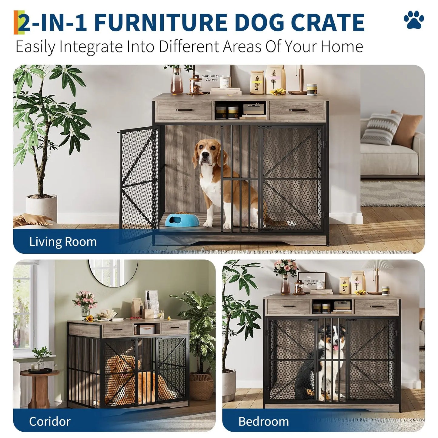 HiMISSDog Dog Crate Furniture End Table With Two Drawers