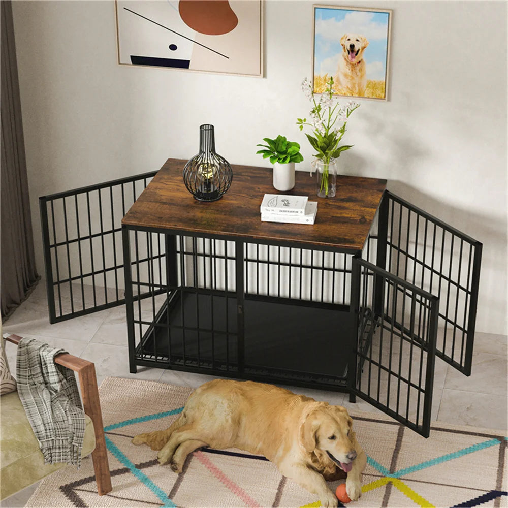BORWAR Elevated Wooden Dog Crate End Table With Lattice Doors