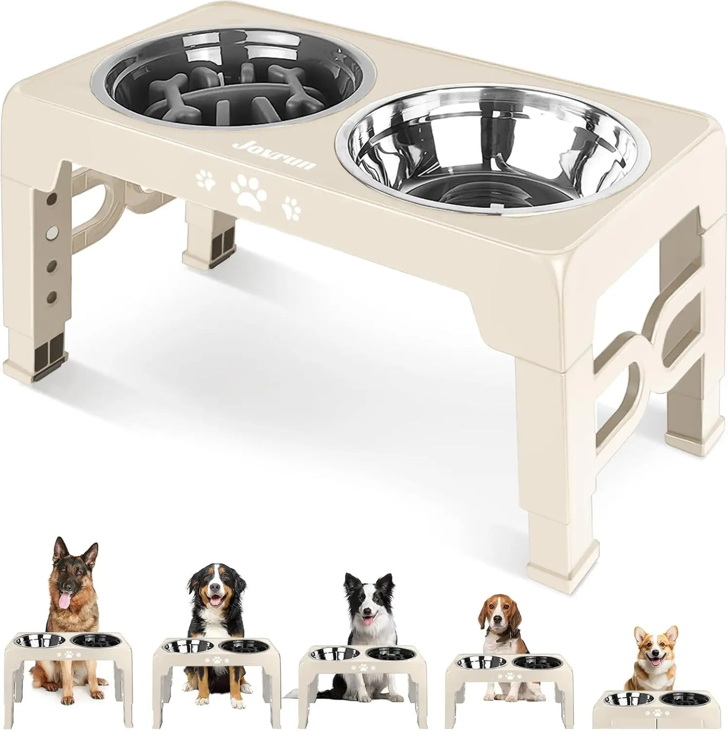 5 Heights Adjustable Elevated Dog Bowls Stainless Steel Slow Feeder