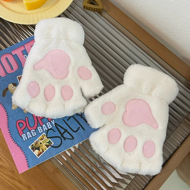 Plush Cat Claw Paw Gloves Fingerless Mittens Warm Cozy Fleece