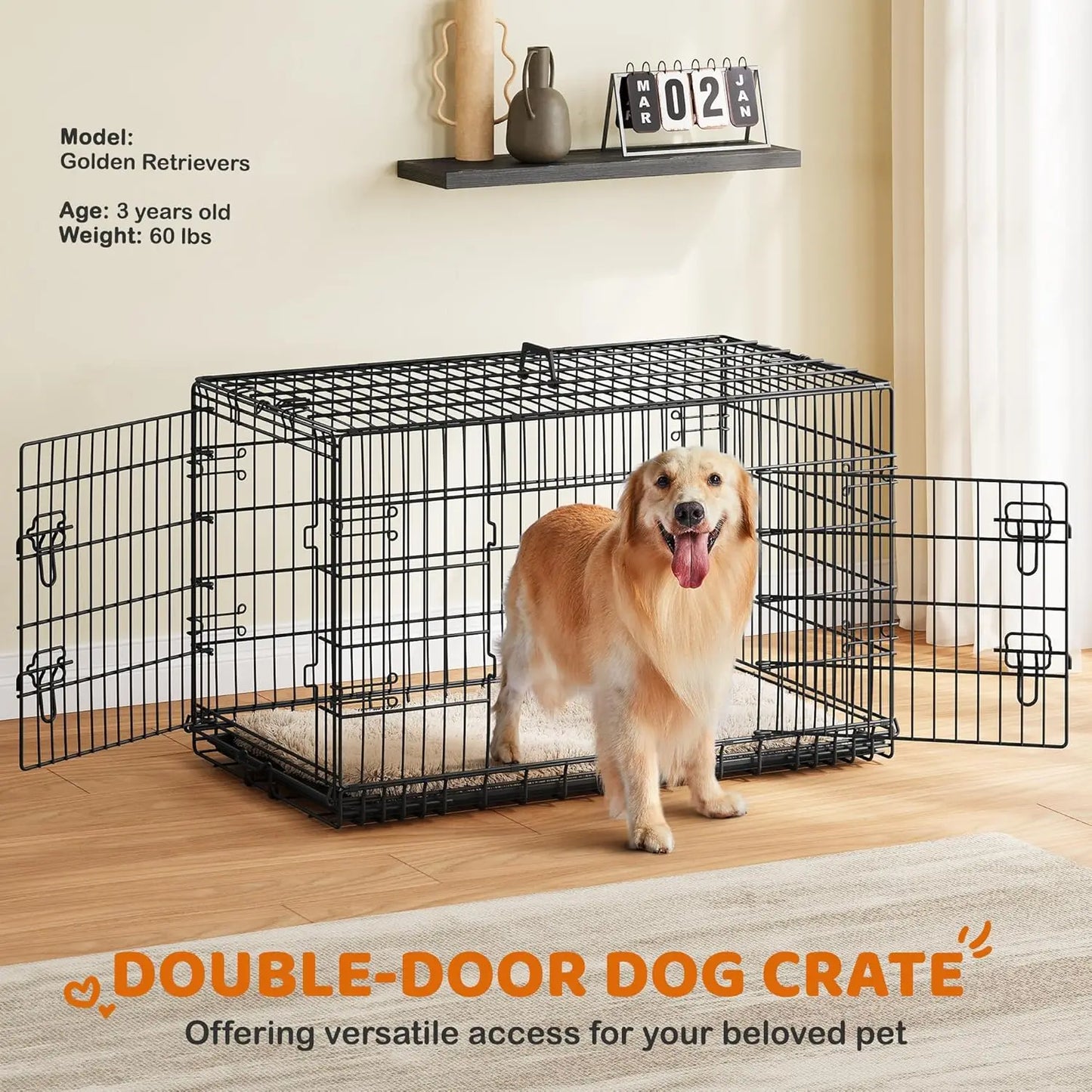 Double Door Collapsible Dog Crate With Divider And Tray