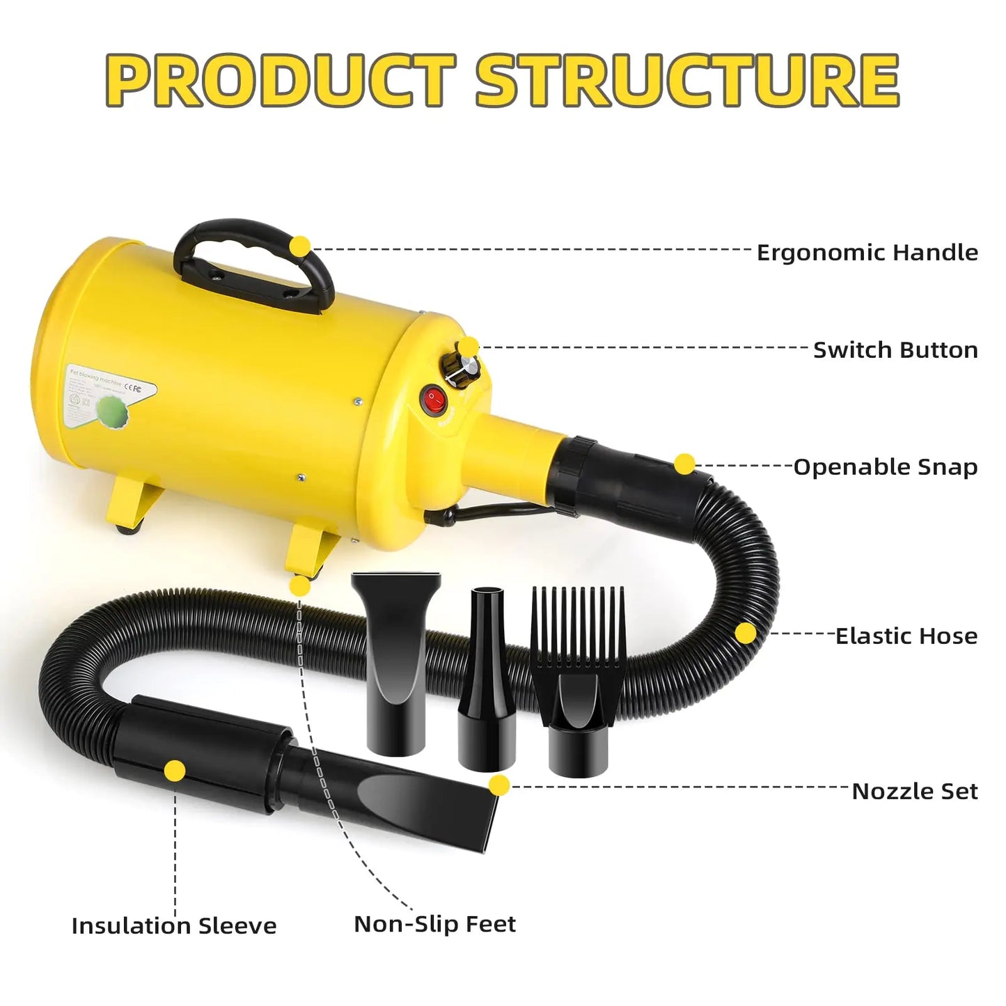 Dog Hair Dryer 2800W Grooming Blower With Heat Adjustable Speed